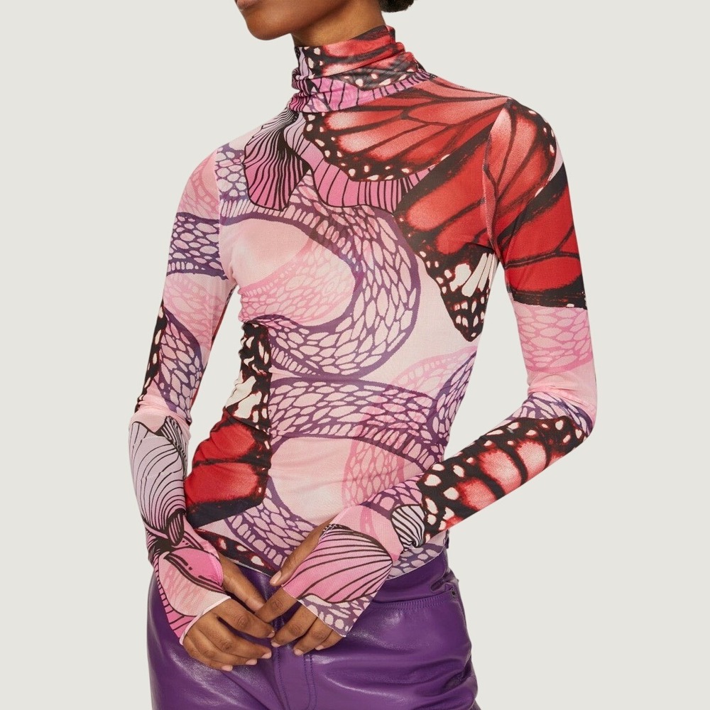 AFRM Zadie Sheer Mesh Turtleneck Long Sleeve Red Butterfly Sub Revolve Size L